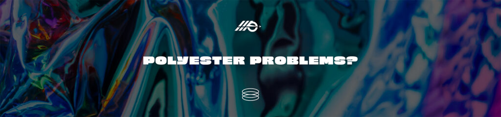 Abstract, glossy polyester fabric in teal, blue, and purple with the text ‘Polyester Problems?