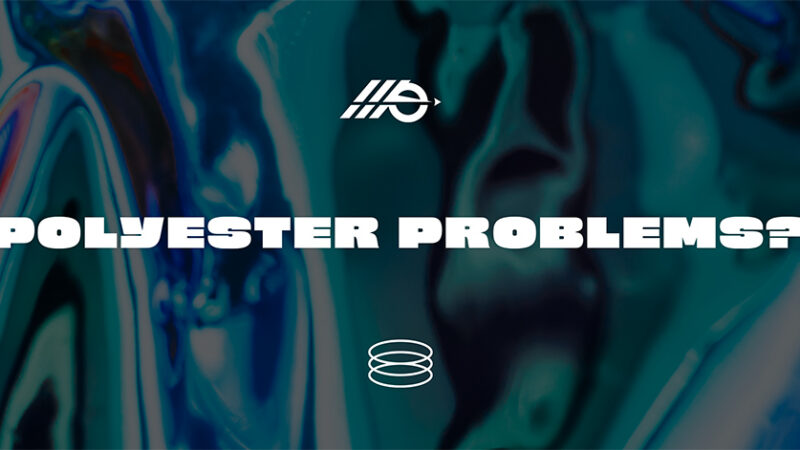 Abstract, glossy polyester fabric in teal, blue, and purple with the text ‘Polyester Problems?