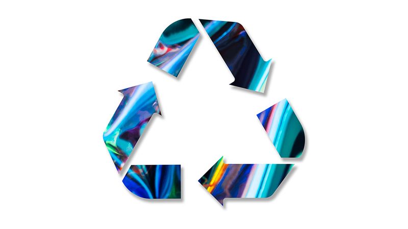 Iridescent DTF transfer scraps arranged in a recycling symbol, flanked by a speed icon and ‘x2,’ illustrating efficient gang-sheet production